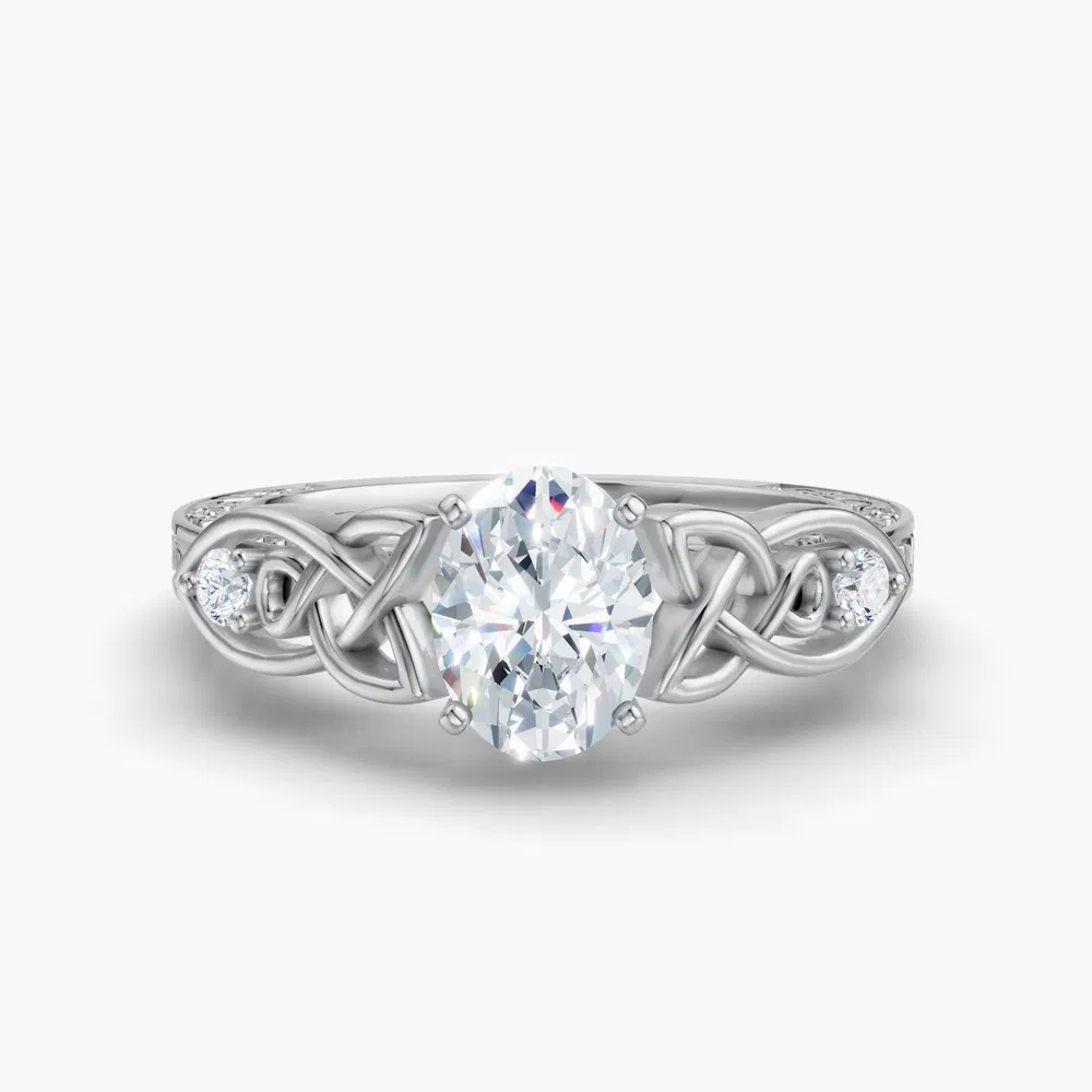 Kael 1 carat Lab Grown Diamond Oval Cut Side Stone, Vintage, Unique Engagement Ring in 14K White Gold