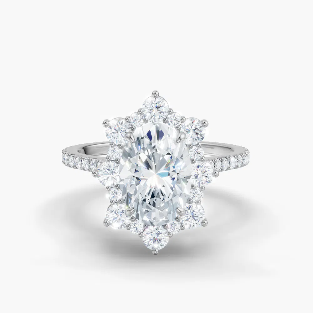 Cylen 1 carat Lab Grown Diamond Oval Cut Halo, Floral, Hidden Halo Engagement Ring in 14K White Gold