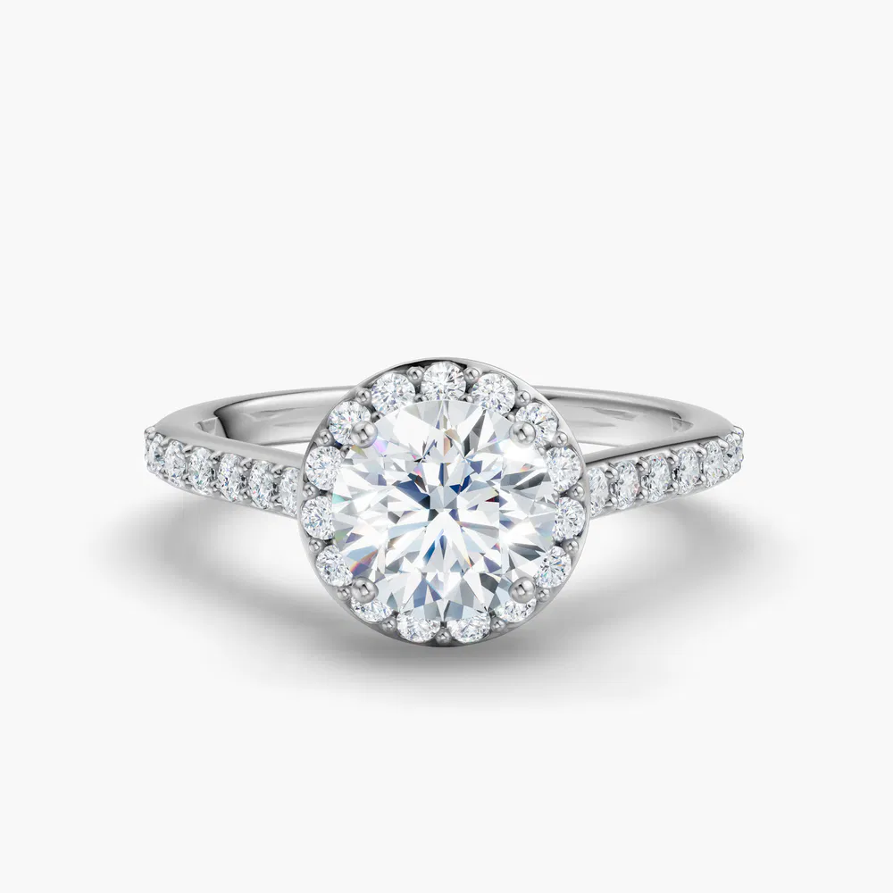 Kvolt 1 carat Lab Grown Diamond Round Cut Pavé, Halo, Cathedral Engagement Ring in 14K White Gold