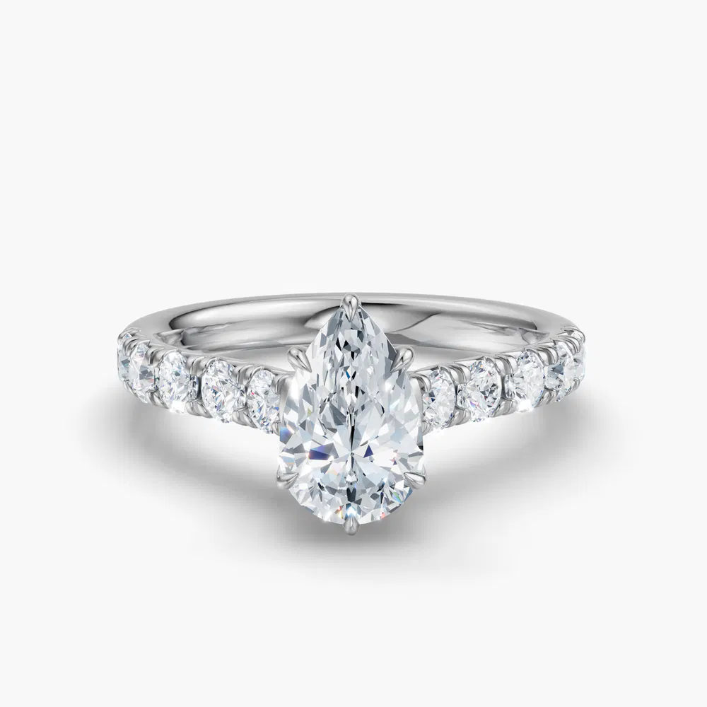 Certified 2 carat Lab Grown Diamond Pear Cut Pavé, Cathedral, Low profile Engagement Ring in 14K White Gold-Israfil