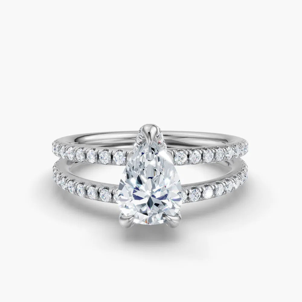 Certified 2 carat Lab Grown Diamond Pear Cut Pavé, Split Shank, Hidden Halo Engagement Ring in 14K White Gold-Soren