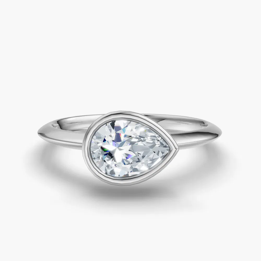 Certified 2 carat Lab Grown Diamond Pear Cut Bezel, East-West, Solitaire Engagement Ring in 14K White Gold-Galen