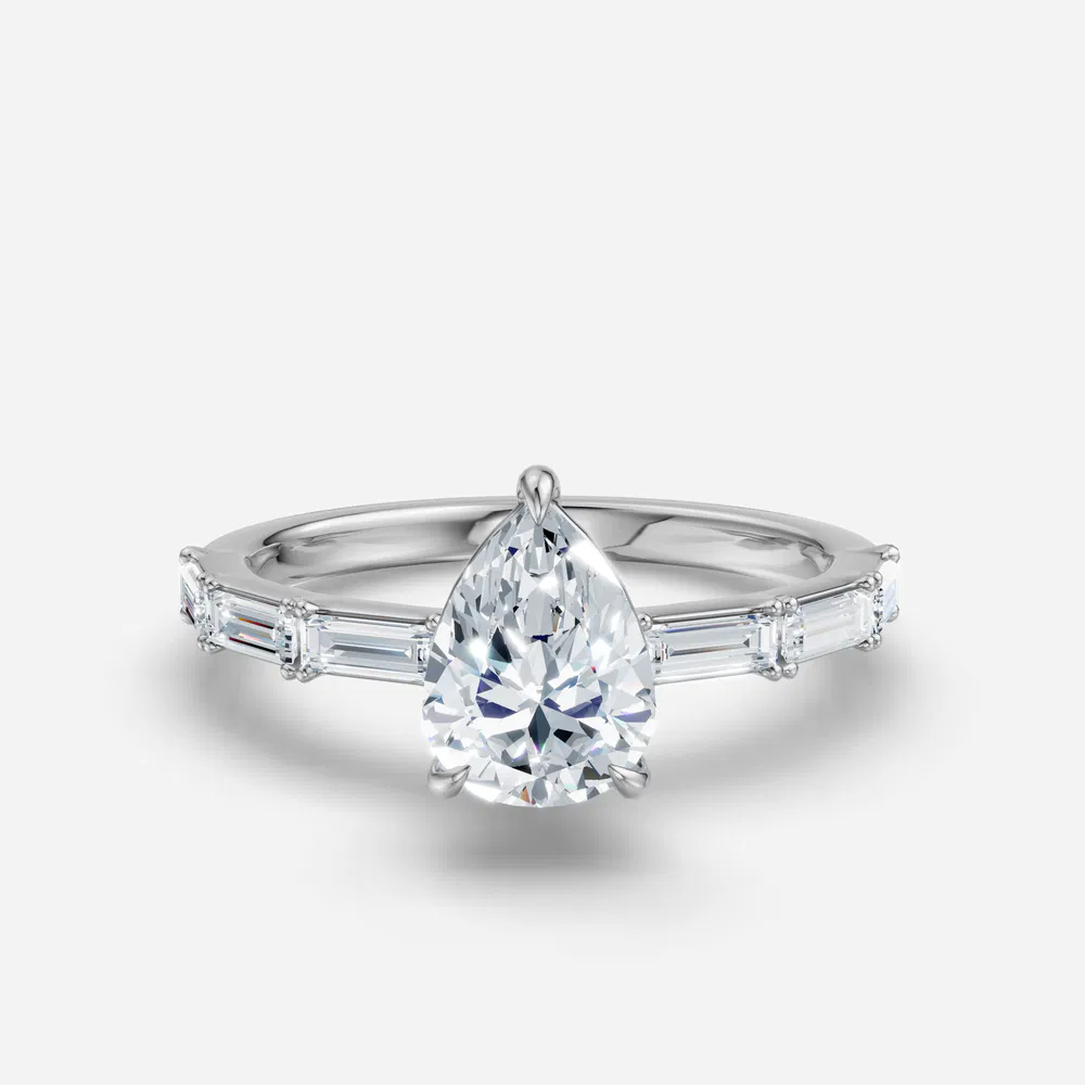 Certified 2 carat Lab Grown Diamond Pear Cut Baguette, Side Stone Engagement Ring in 14K White Gold-Lunark