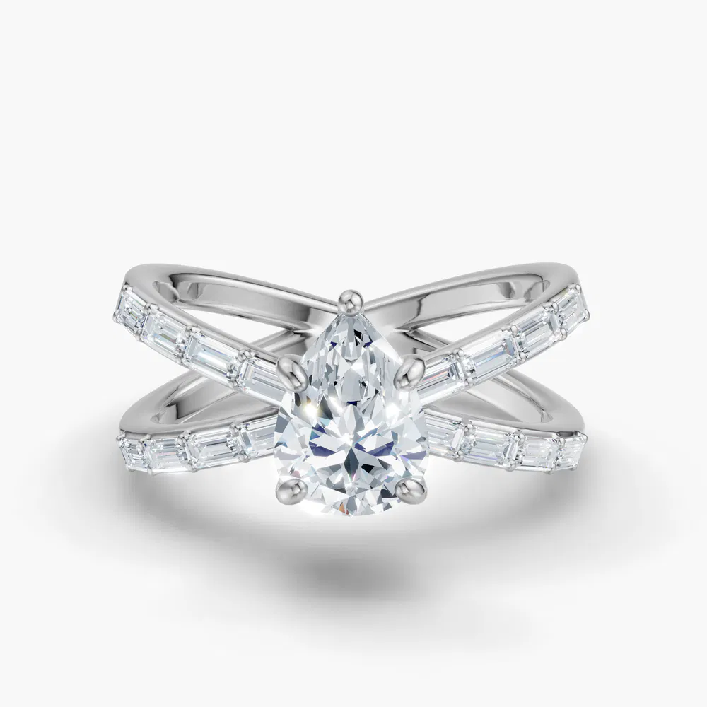 Certified 2 carat Lab Grown Diamond Pear Cut Baguette, Unique, Split Shank Engagement Ring in 14K White Gold-Luminara