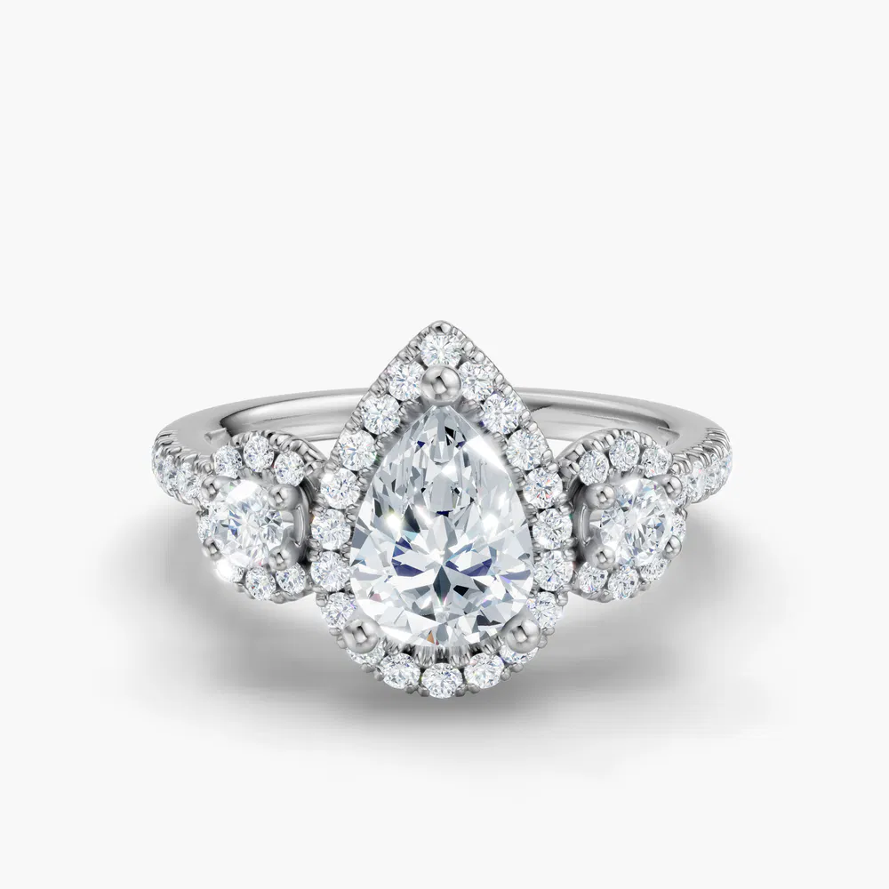 Certified 2 carat Lab Grown Diamond Pear Cut Three Stone, Halo, Hidden Halo Engagement Ring in 14K White Gold-Hylor