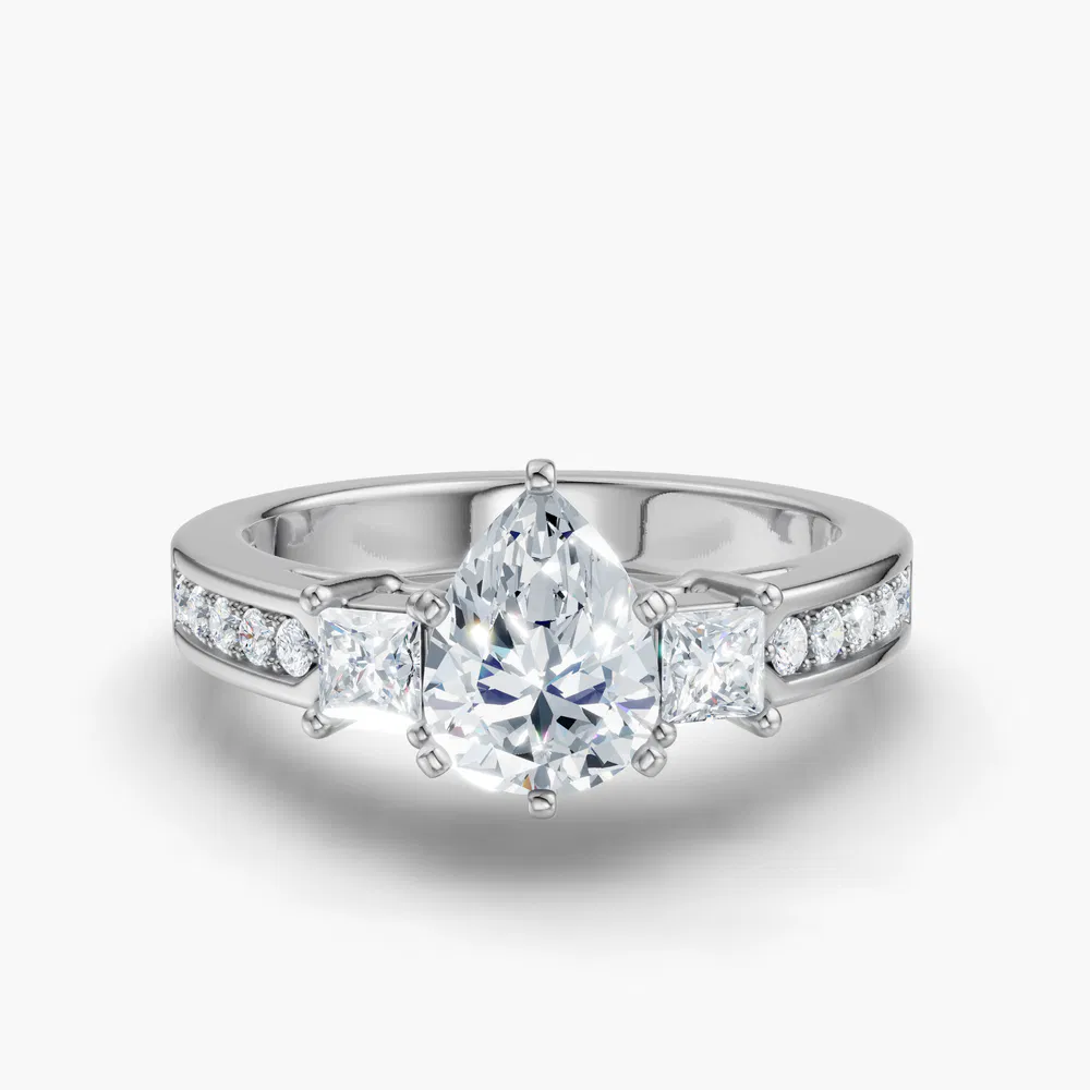 Certified 2 carat Lab Grown Diamond Pear Cut Three Stone, Pavé, Channel Set Engagement Ring in 14K White Gold-Velis