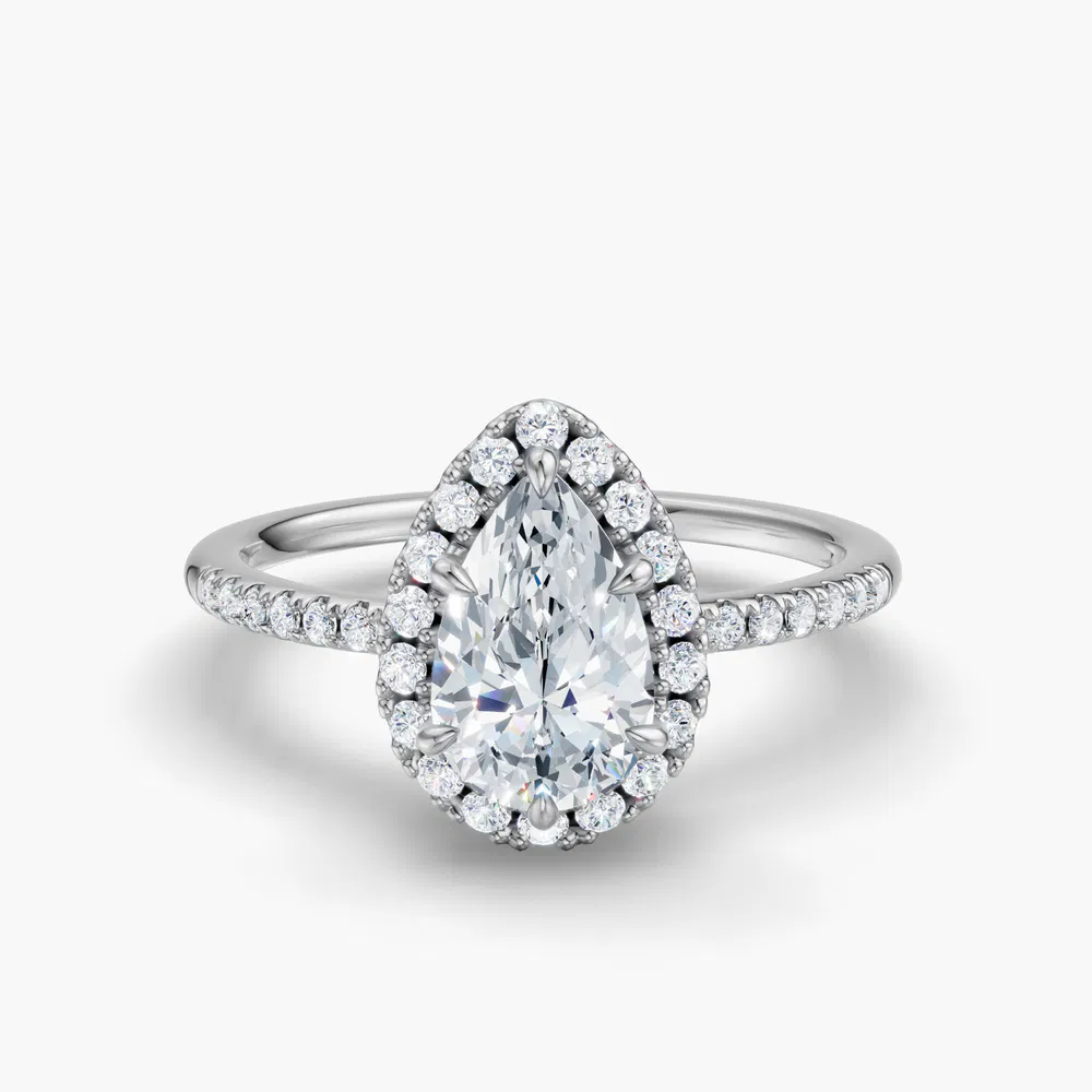 Elite Vaelumette 1 carat Lab Grown Diamond Pear Cut Halo, Pavé, Low profile Engagement Ring in 14K White Gold