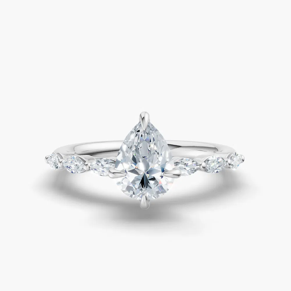 Garo 1 carat Lab Grown Diamond Pear Cut Side Stone Engagement Ring in 14K White Gold