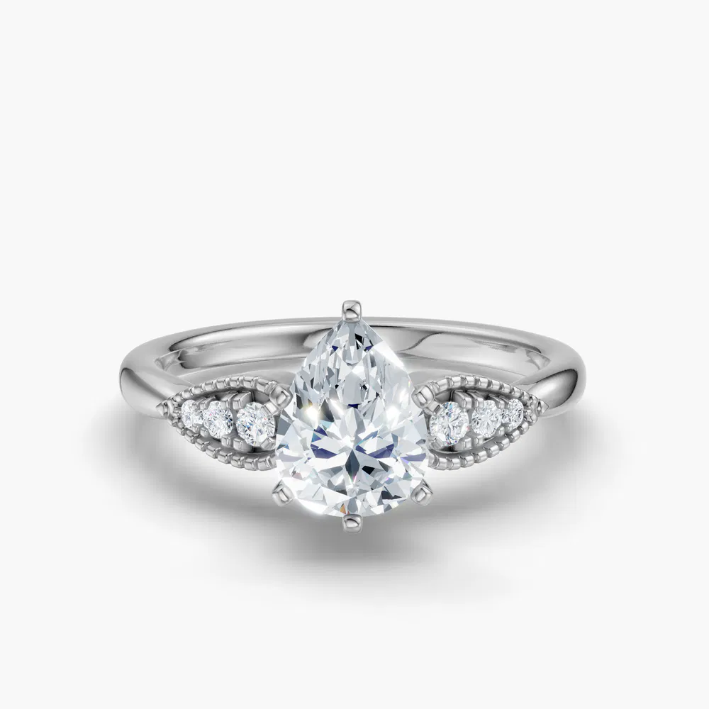 Yerlin 1 carat Lab Grown Diamond Pear Cut Side Stone, Vintage, Milgrain Engagement Ring in 14K White Gold