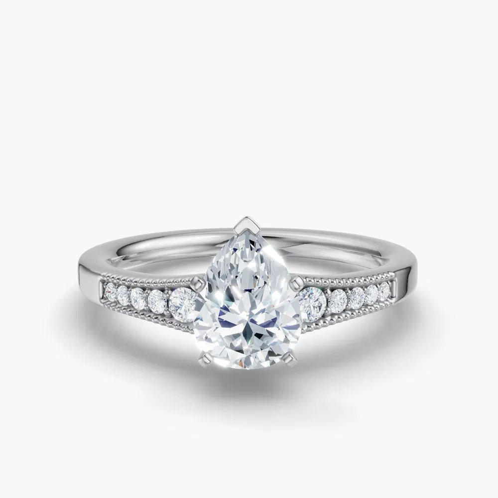 Rosca 1 carat Lab Grown Diamond Pear Cut Side Stone, Milgrain, Pavé Engagement Ring in 14K White Gold