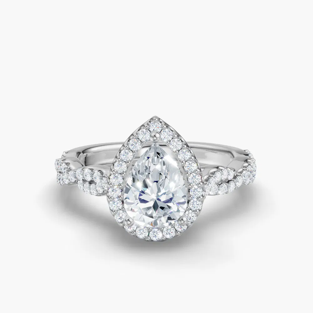 Meraki 1 carat Lab Grown Diamond Pear Cut Halo, Pavé, Twist Engagement Ring in 14K White Gold