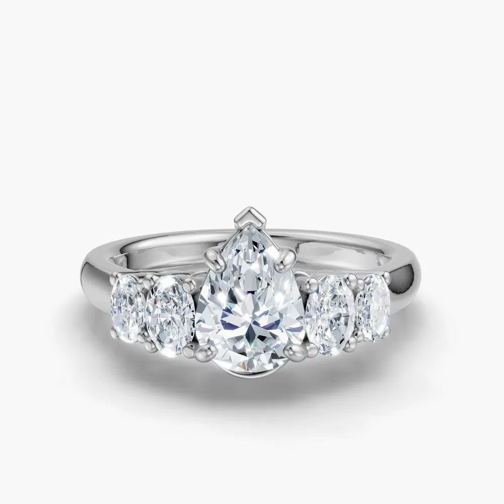Elyx 1 carat Lab Grown Diamond Pear Cut Side Stone, Five Stone Engagement Ring in 14K White Gold