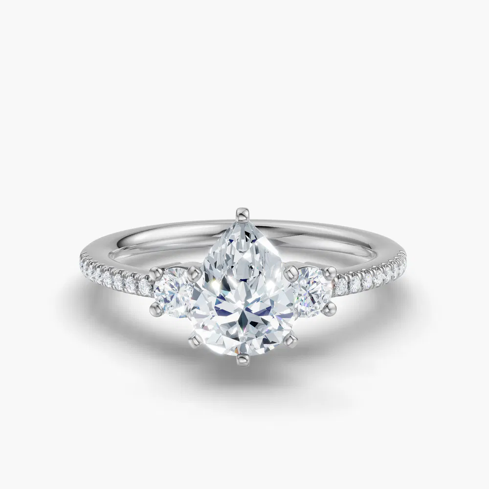 Vynix 1 carat Lab Grown Diamond Pear Cut Side Stone, Three Stone, Pavé Engagement Ring in 14K White Gold