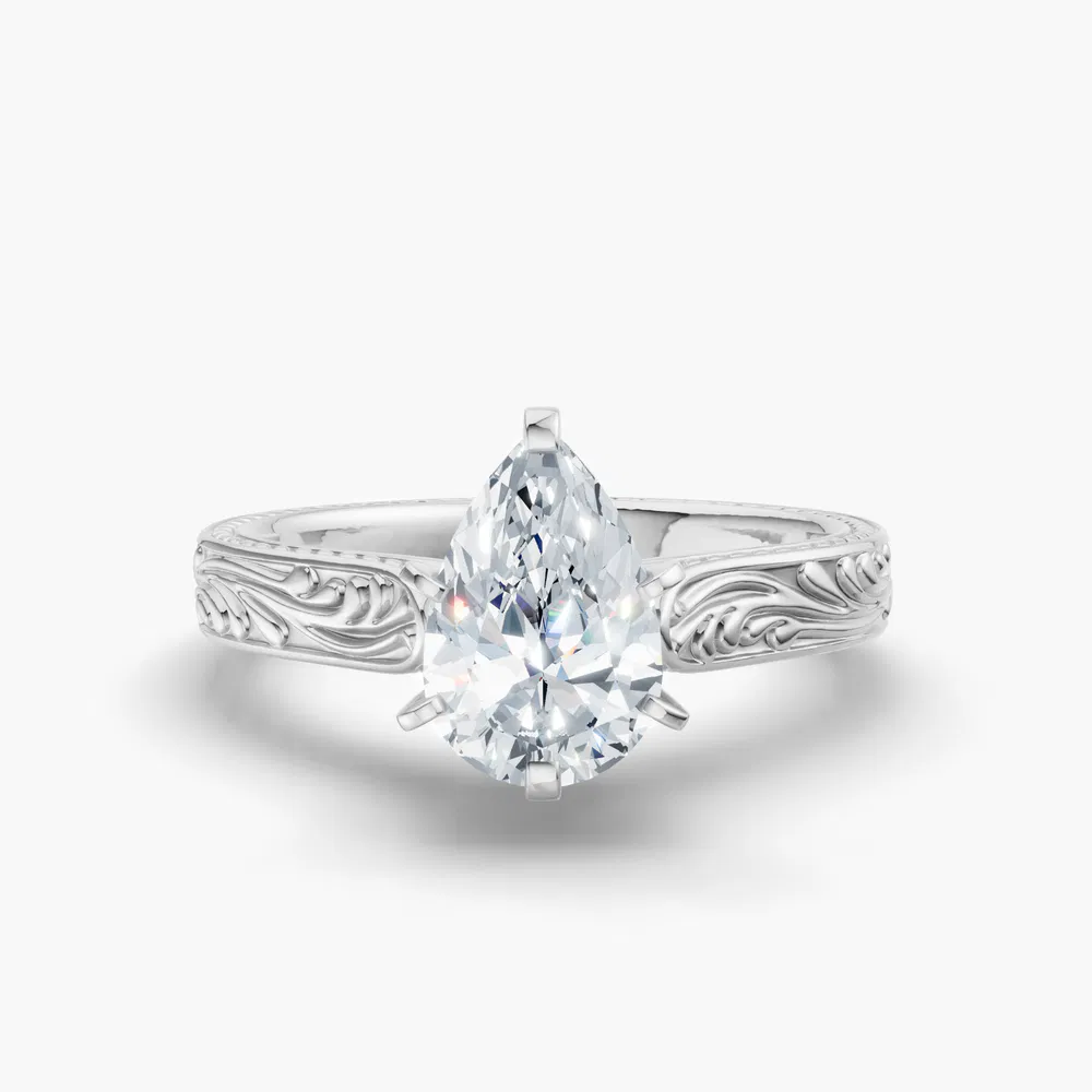 Nael 1 carat Lab Grown Diamond Pear Cut Solitaire, Vintage, Cathedral Engagement Ring in 14K White Gold