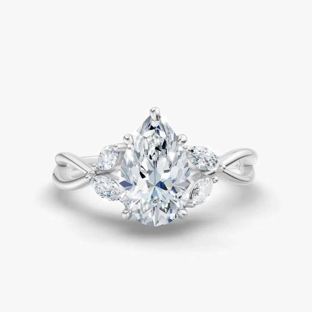 Mena 1 carat Lab Grown Diamond Pear Cut Side Stone, Twist, Split Shank Engagement Ring in 14K White Gold