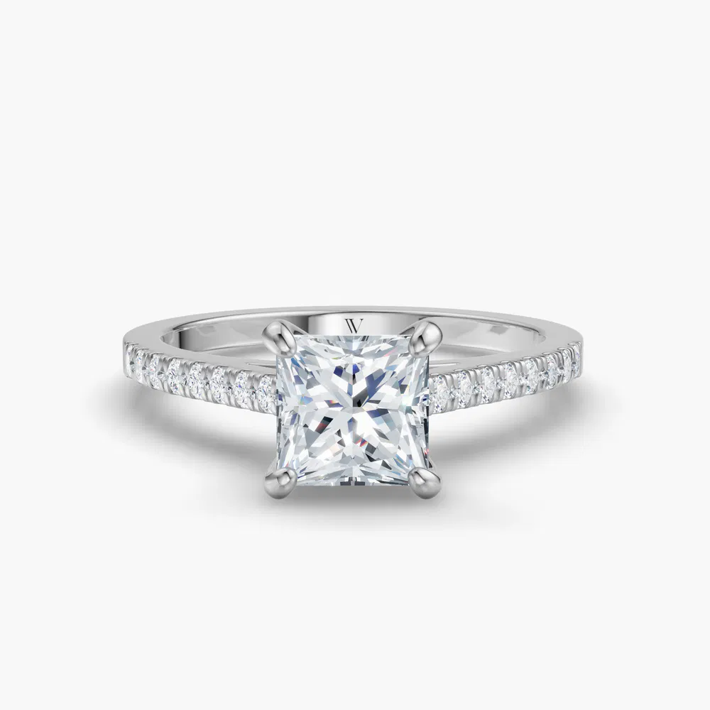 Zirellun 1 carat Lab Grown Diamond Princess Cut Pavé, Cathedral Engagement Ring in 14K White Gold