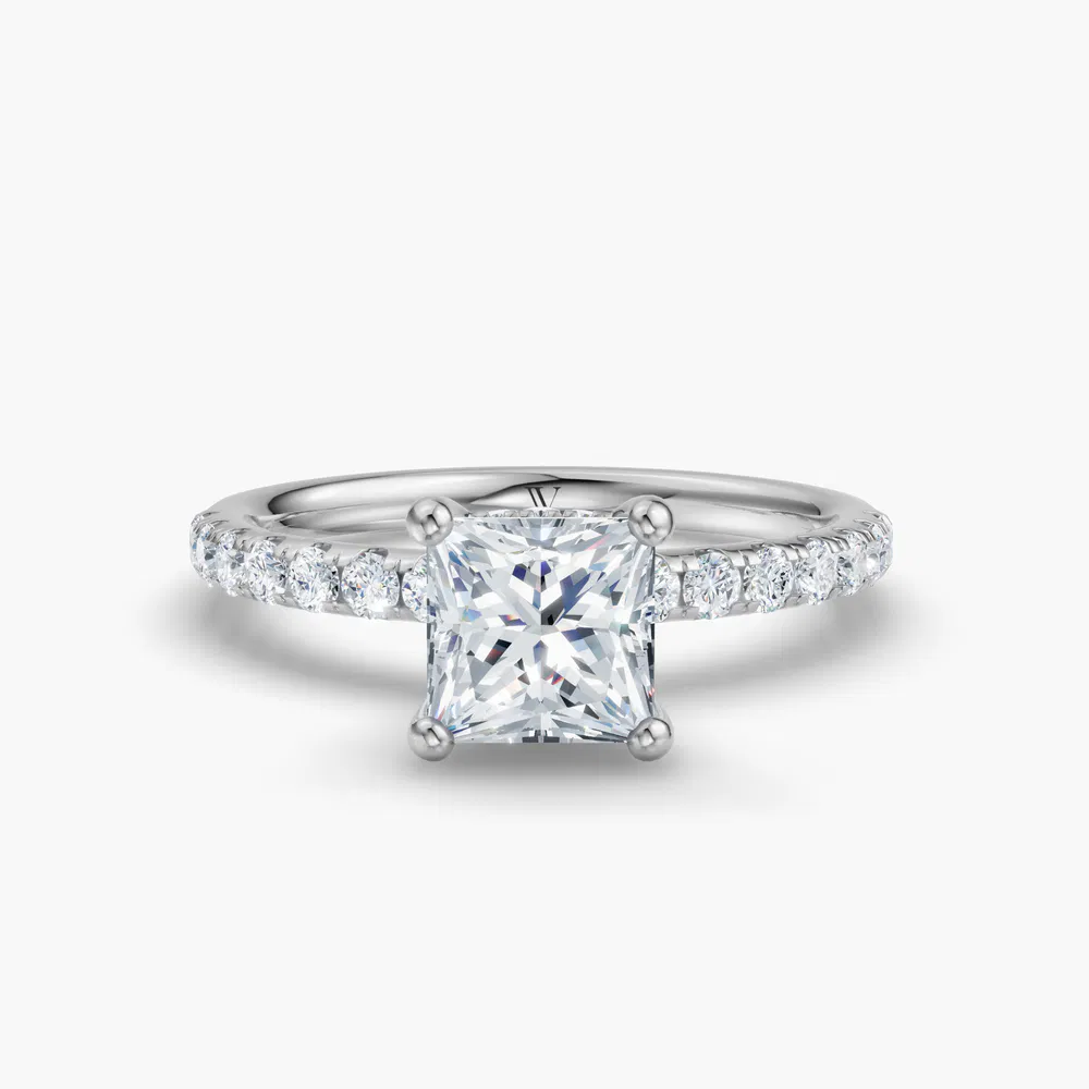 Decna 1 carat Lab Grown Diamond Princess Cut Pavé, Hidden Halo Engagement Ring in 14K White Gold