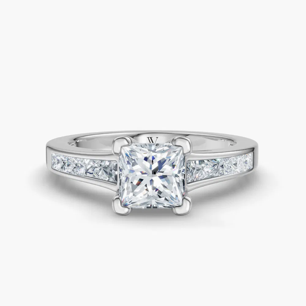 Gwynv 1 carat Lab Grown Diamond Princess Cut Side Stone, Baguette, Channel Set Engagement Ring in 14K White Gold