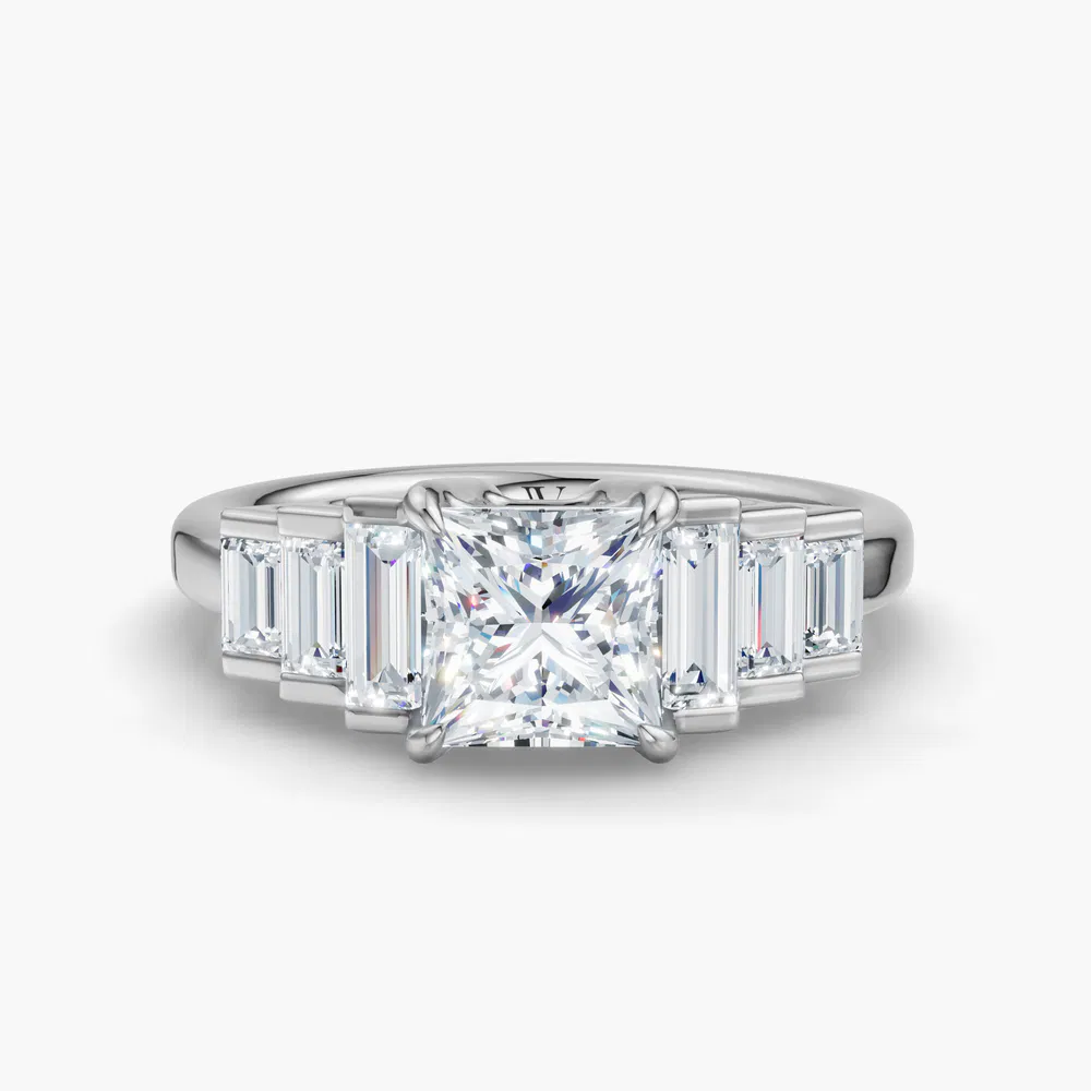 Zepy 1 carat Lab Grown Diamond Princess Cut Side Stone, Baguette Engagement Ring in 14K White Gold
