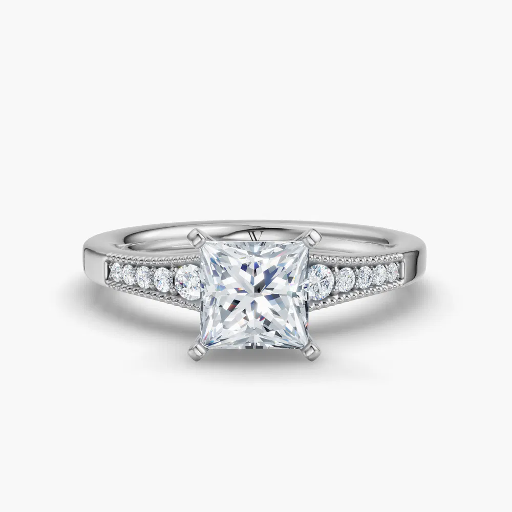 Rosca 1 carat Lab Grown Diamond Princess Cut Side Stone, Milgrain, Pavé Engagement Ring in 14K White Gold