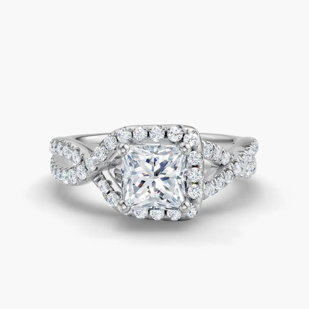 Stellune 1 carat Lab Grown Diamond Princess Cut Unique, Halo, Pavé Engagement Ring in 14K White Gold
