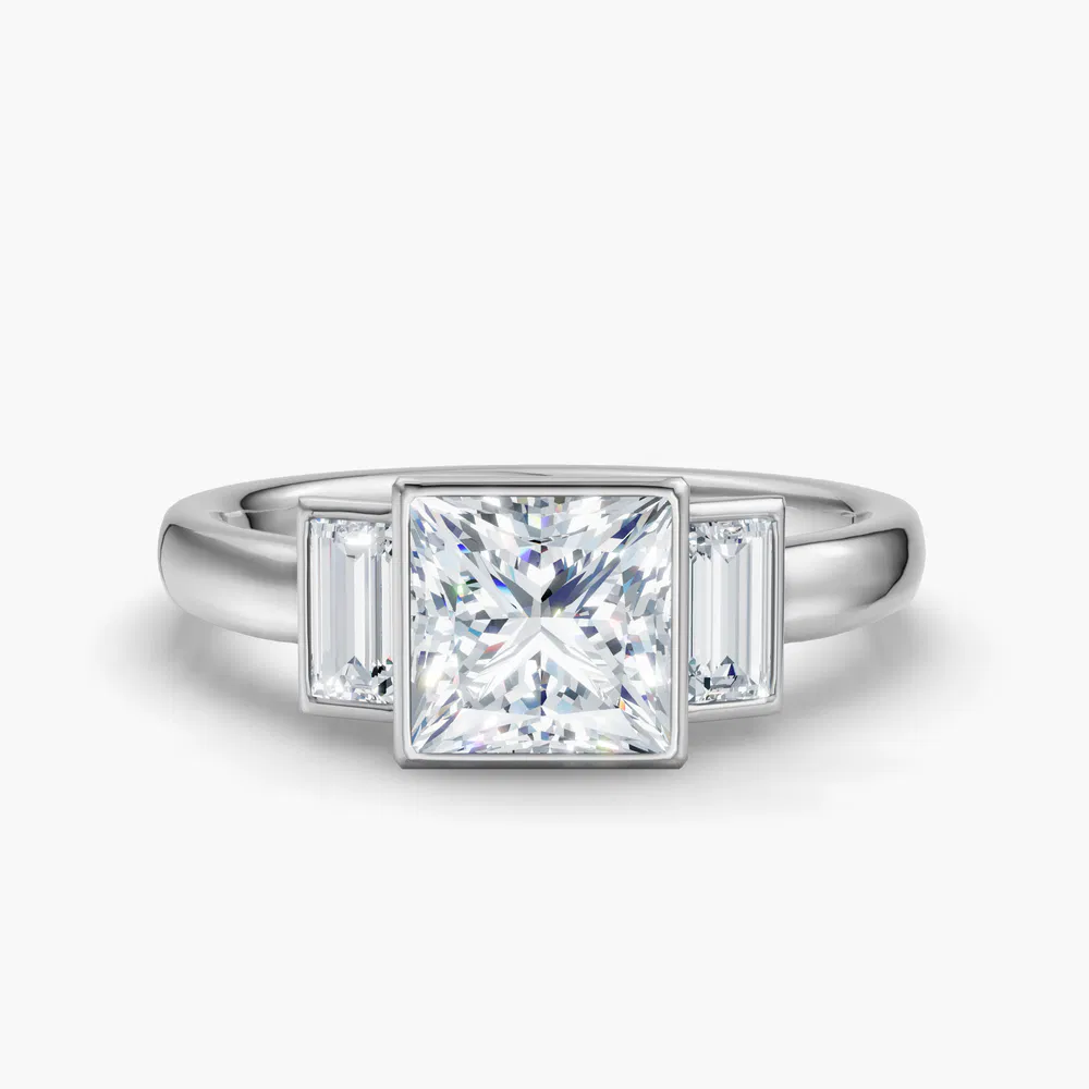 Kine 1 carat Lab Grown Diamond Princess Cut Side Stone, Three Stone, Bezel Engagement Ring in 14K White Gold