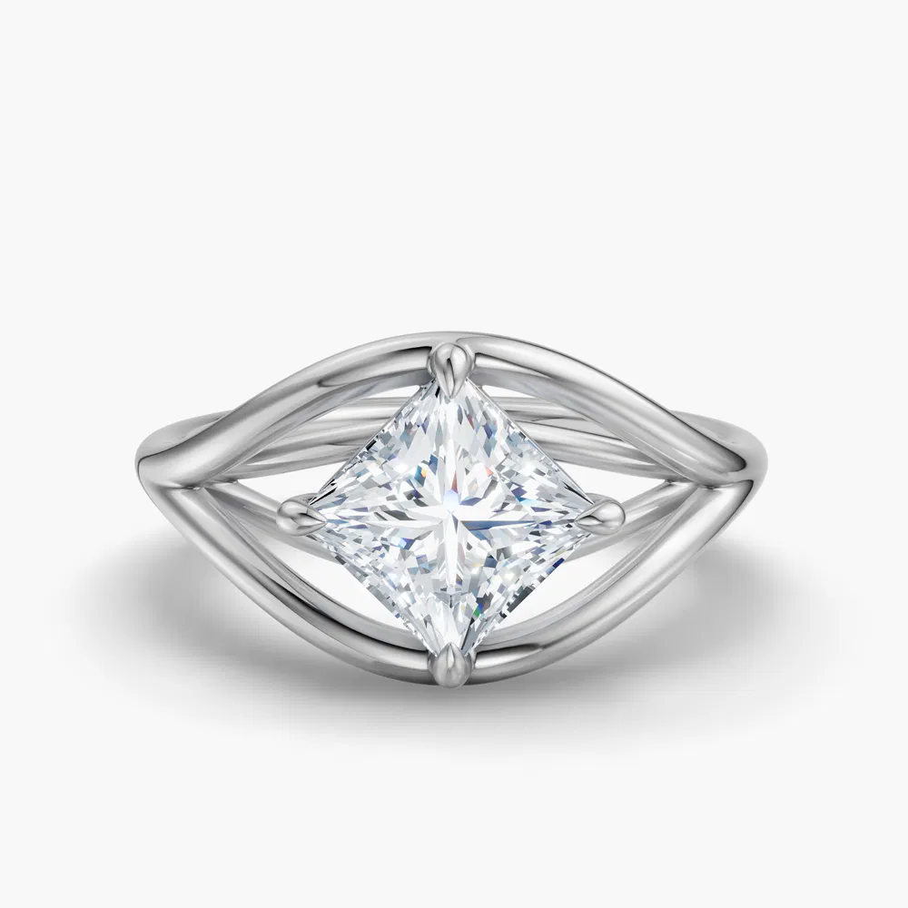 Kira 1 carat Lab Grown Diamond Princess Cut Solitaire, Unique, Split Shank Engagement Ring in 14K White Gold