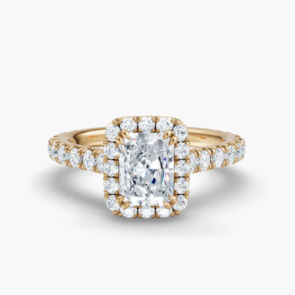 Certified 3 carat Lab Grown Diamond Radiant Cut Cathedral, Pavé, Halo Engagement Ring in 14K Yellow Gold-Zaria