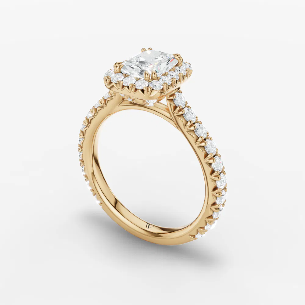 Certified 3 carat Lab Grown Diamond Radiant Cut Cathedral, Pavé, Halo Engagement Ring in 14K Yellow Gold-Zaria