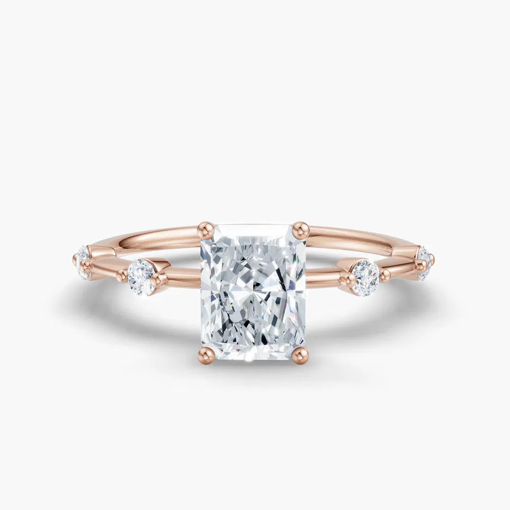 Certified 3 carat Lab Grown Diamond Radiant Cut Low profile, Side Stone Engagement Ring in 14K Rose Gold-Hriw