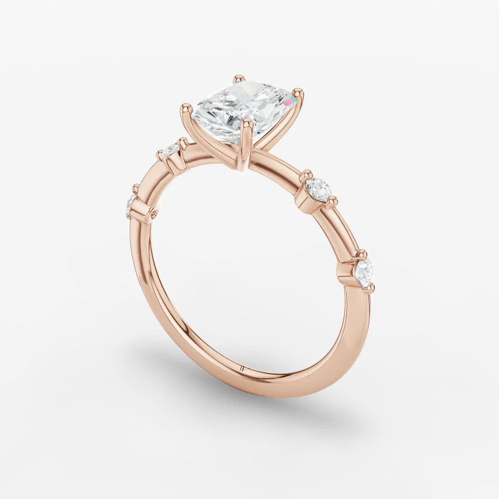 Certified 3 carat Lab Grown Diamond Radiant Cut Low profile, Side Stone Engagement Ring in 14K Rose Gold-Hriw