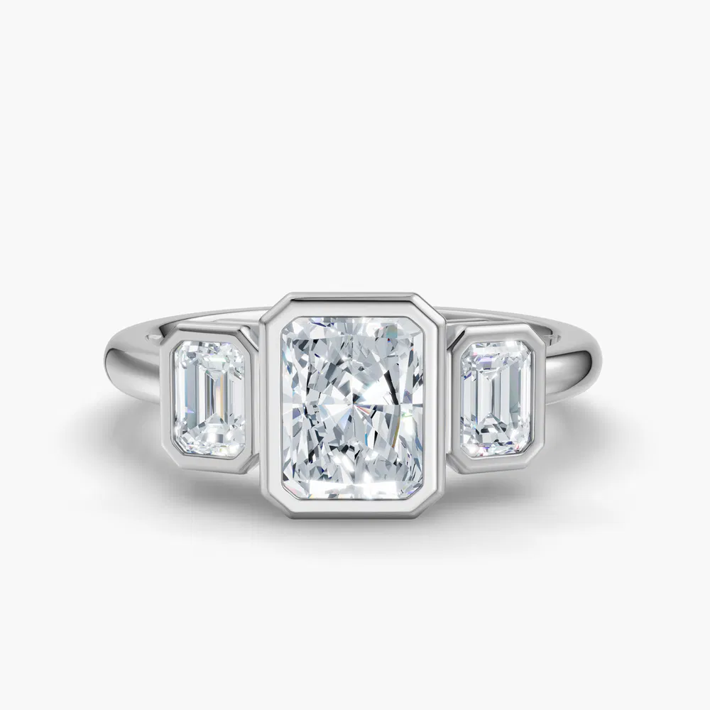 Certified 3 carat Lab Grown Diamond Radiant Cut Three Stone, Bezel, Low profile Engagement Ring in 14K White Gold-Elix