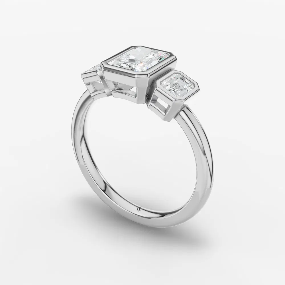 Certified 3 carat Lab Grown Diamond Radiant Cut Three Stone, Bezel, Low profile Engagement Ring in 14K White Gold-Elix