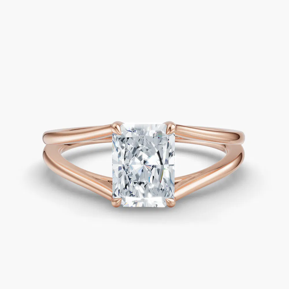 Certified 3 carat Lab Grown Diamond Radiant Cut Split Shank, Solitaire, Low profile Engagement Ring in 14K Rose Gold-Wraith