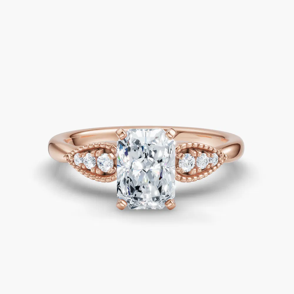 Certified 3 carat Lab Grown Diamond Radiant Cut Milgrain, Vintage, Side Stone Engagement Ring in 14K Rose Gold-Yerlin