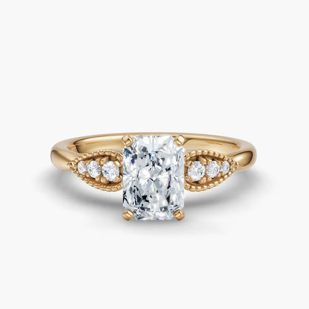 Certified 3 carat Lab Grown Diamond Radiant Cut Milgrain, Vintage, Side Stone Engagement Ring in 14K Yellow Gold-Yerlin