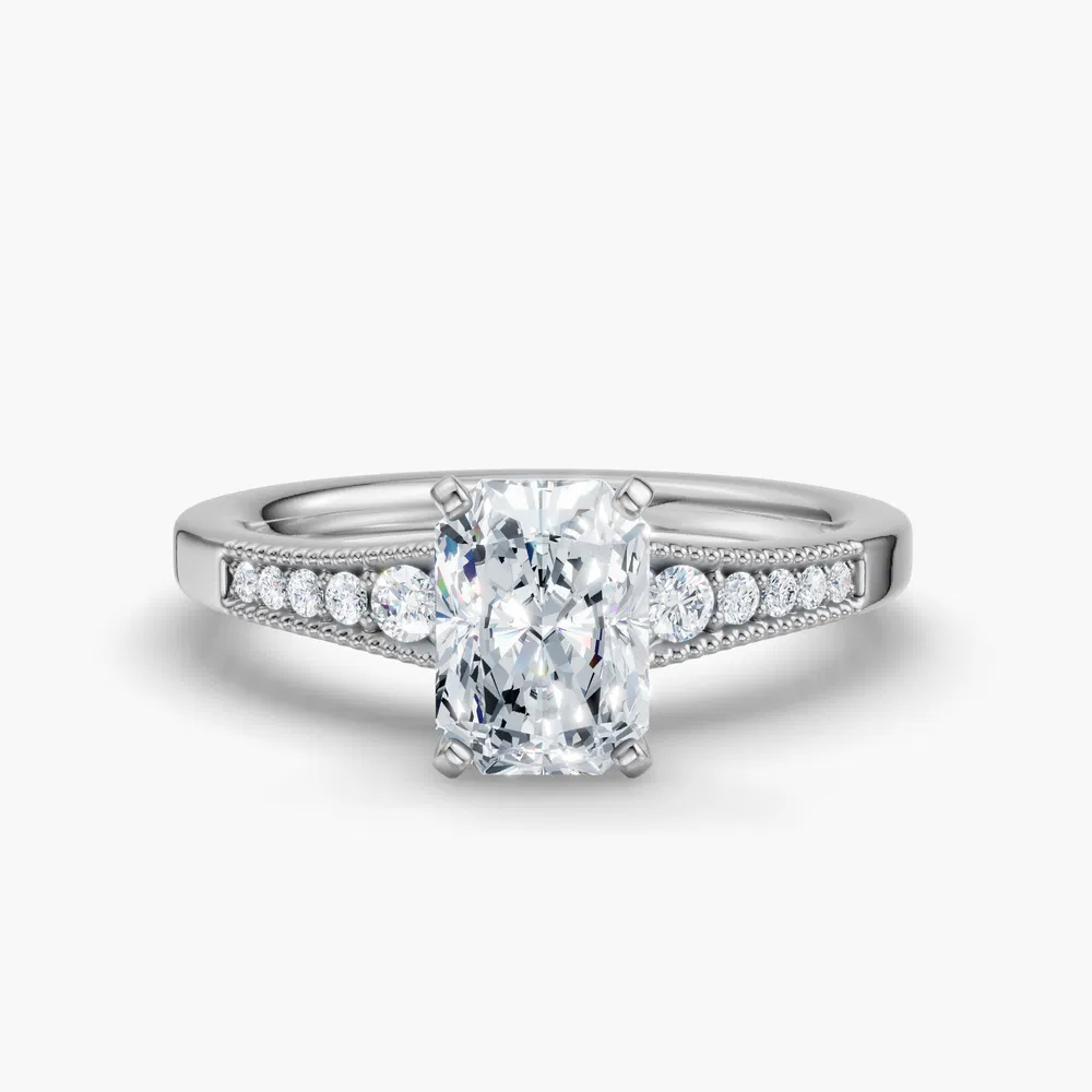 Certified 3 carat Lab Grown Diamond Radiant Cut Milgrain, Pavé, Side Stone Engagement Ring in 14K White Gold-Rosca