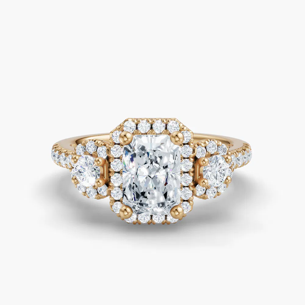 Certified 3 carat Lab Grown Diamond Radiant Cut Three Stone, Halo, Hidden Halo Engagement Ring in 14K Yellow Gold-Hylor