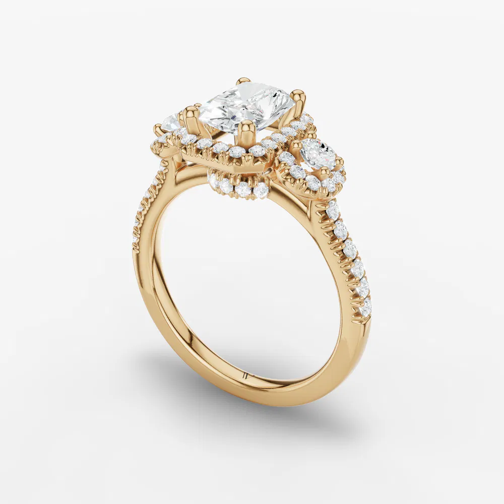 Certified 3 carat Lab Grown Diamond Radiant Cut Three Stone, Halo, Hidden Halo Engagement Ring in 14K Yellow Gold-Hylor