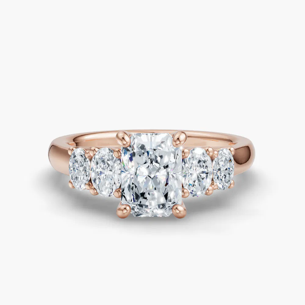 Certified 3 carat Lab Grown Diamond Radiant Cut Five Stone, Side Stone Engagement Ring in 14K Rose Gold-Elyx