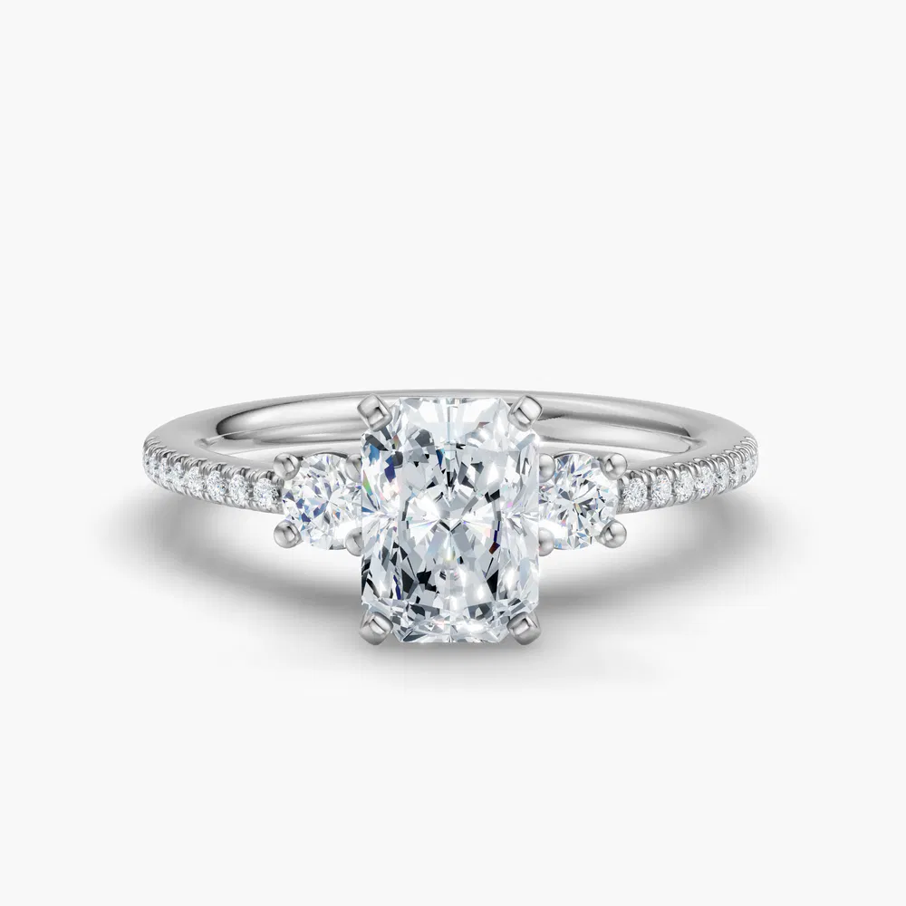 Certified 3 carat Lab Grown Diamond Radiant Cut Three Stone, Pavé, Side Stone Engagement Ring in 14K White Gold-Vynix