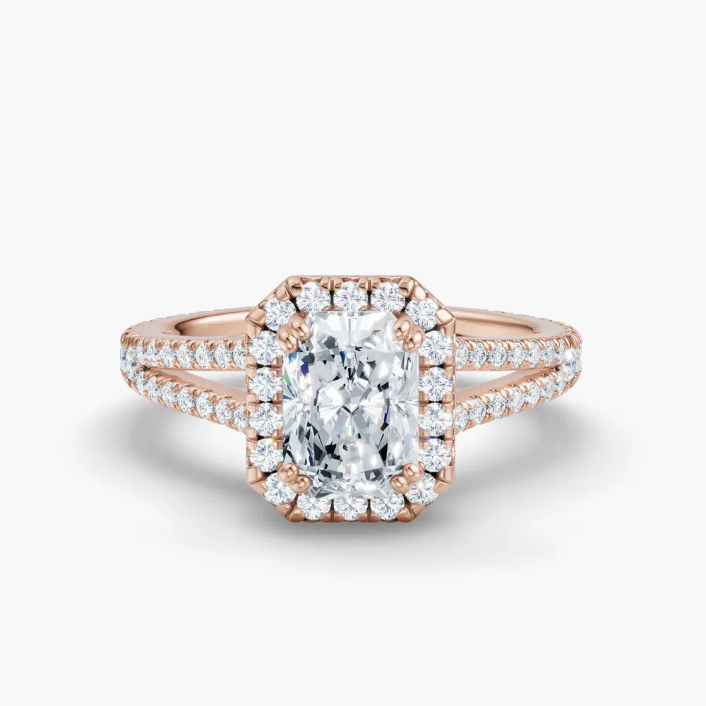 Certified 3 carat Lab Grown Diamond Radiant Cut Pavé, Halo, Cathedral Engagement Ring in 14K Rose Gold-Gexis
