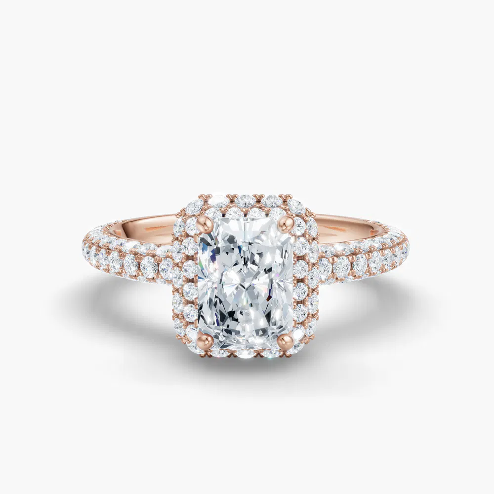 Certified 3 carat Lab Grown Diamond Radiant Cut Pavé, Halo, Hidden Halo Engagement Ring in 14K Rose Gold-Brym