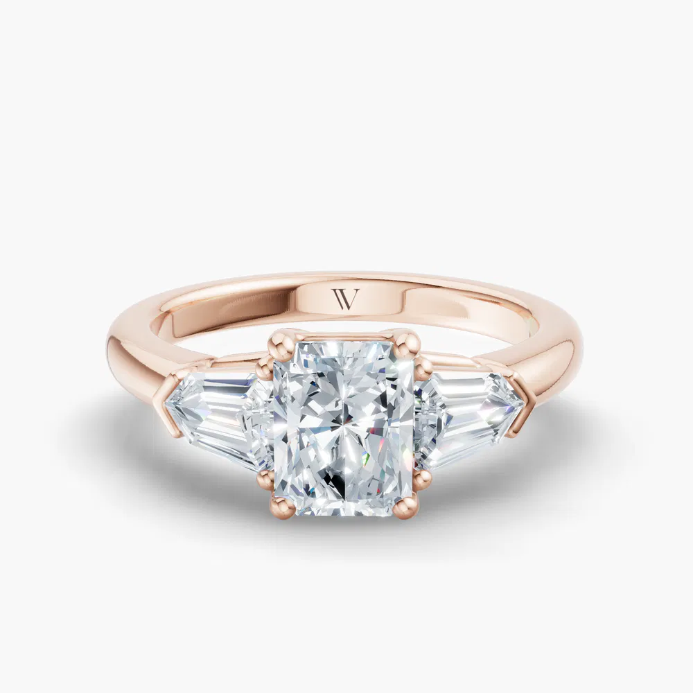 Certified 3 carat Lab Grown Diamond Radiant Cut Three Stone, Side Stone Engagement Ring in 14K Rose Gold-Lyris