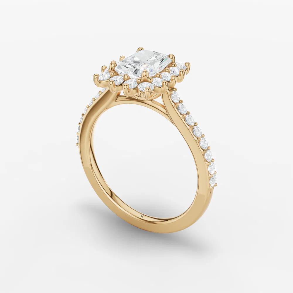 Certified 3 carat Lab Grown Diamond Radiant Cut Pavé, Halo, Floral Engagement Ring in 14K Yellow Gold-Elite Juniper