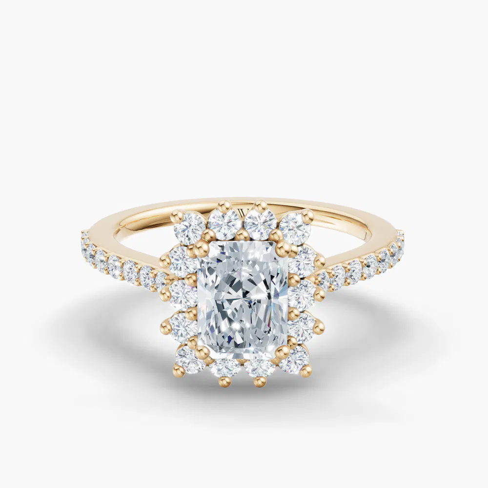 Certified 3 carat Lab Grown Diamond Radiant Cut Pavé, Halo, Floral Engagement Ring in 14K Yellow Gold-Elite Juniper