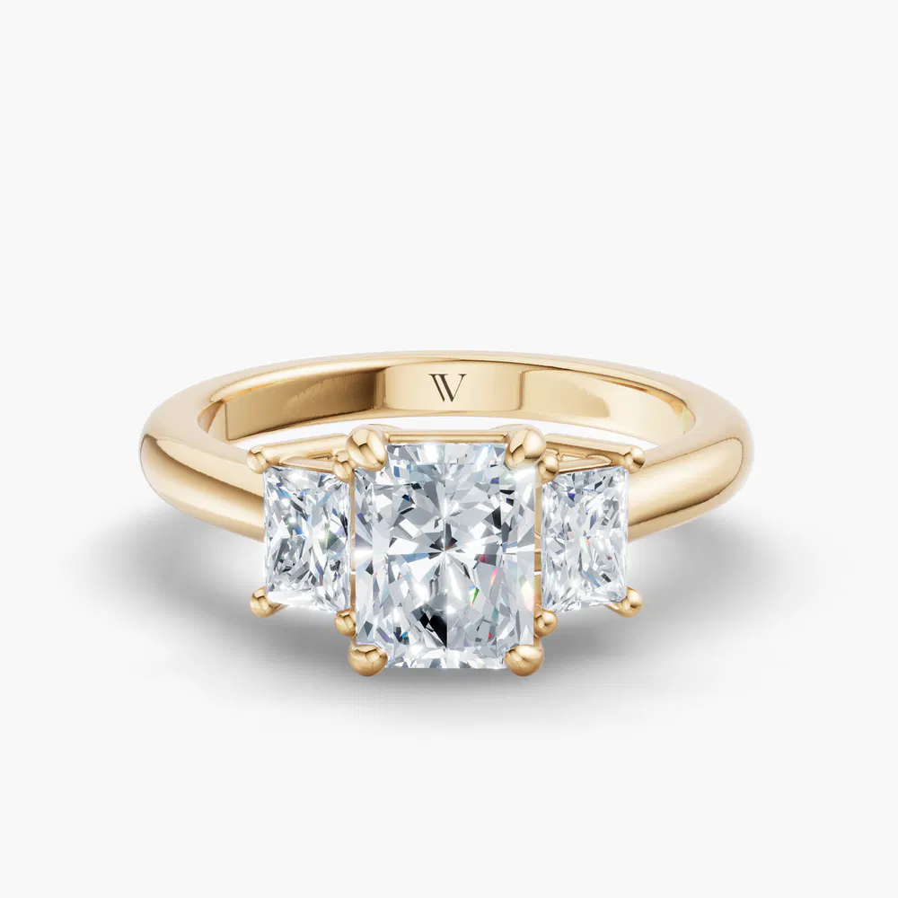 Certified 3 carat Lab Grown Diamond Radiant Cut Three Stone, Side Stone Engagement Ring in 14K Yellow Gold-Dravon