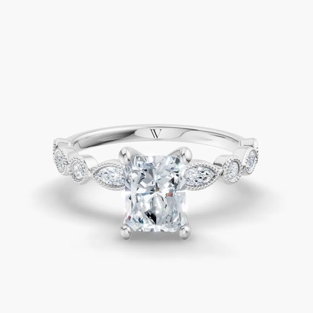Certified 3 carat Lab Grown Diamond Radiant Cut Vintage, Milgrain, Side Stone Engagement Ring in 14K White Gold-Sior