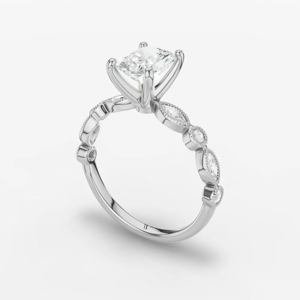 Certified 3 carat Lab Grown Diamond Radiant Cut Vintage, Milgrain, Side Stone Engagement Ring in 14K White Gold-Sior