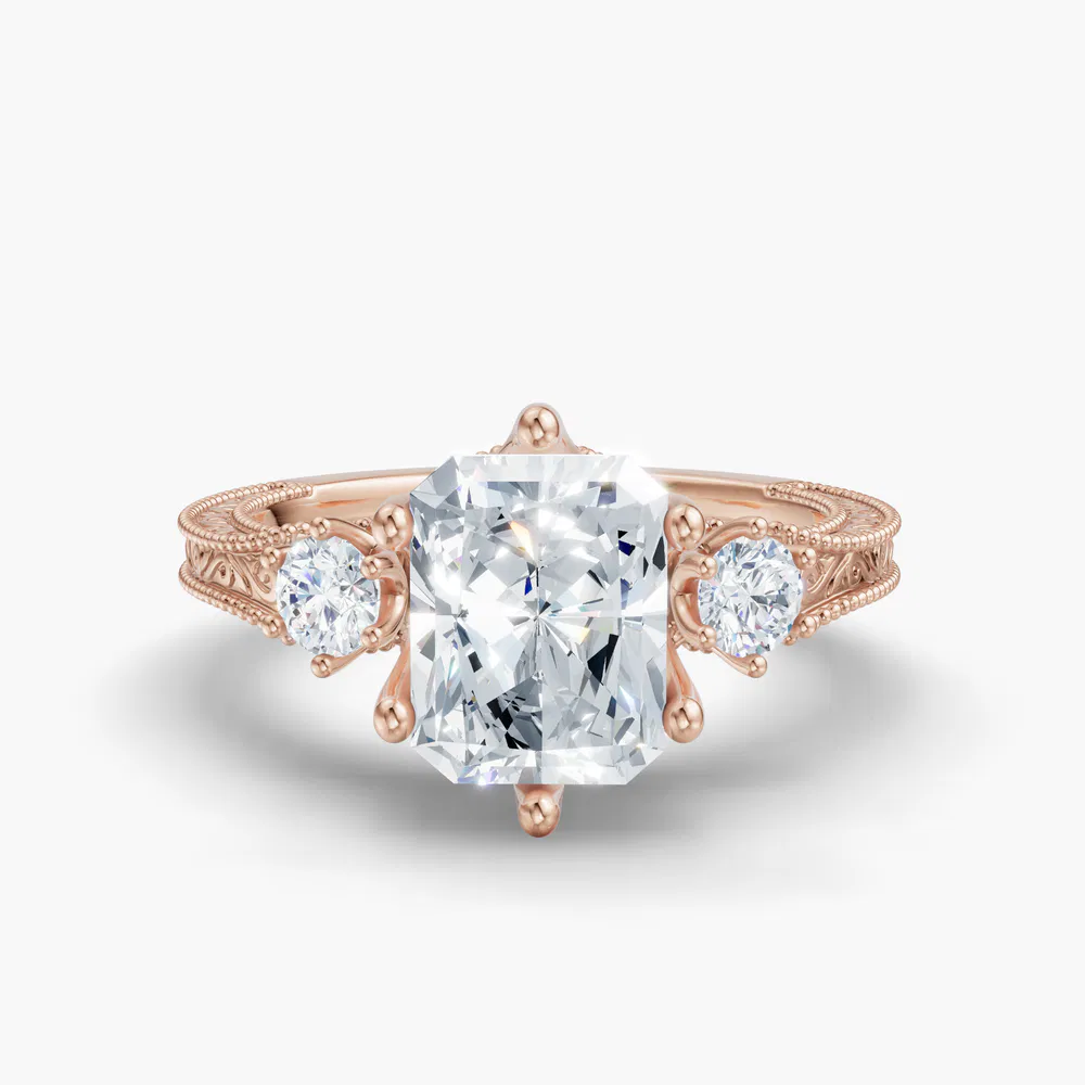 Certified 3 carat Lab Grown Diamond Radiant Cut Three Stone, Unique, Milgrain Engagement Ring in 14K Rose Gold-Zara